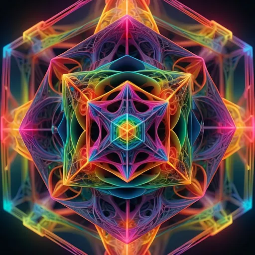 Prompt: Psychedelic rainbow Metatron cube, vibrant colors, 3D rendering, intricate geometric details, high definition, surreal, vibrant neon tones, glowing patterns, futuristic, mesmerizing visual effects, kaleidoscopic, intense lighting