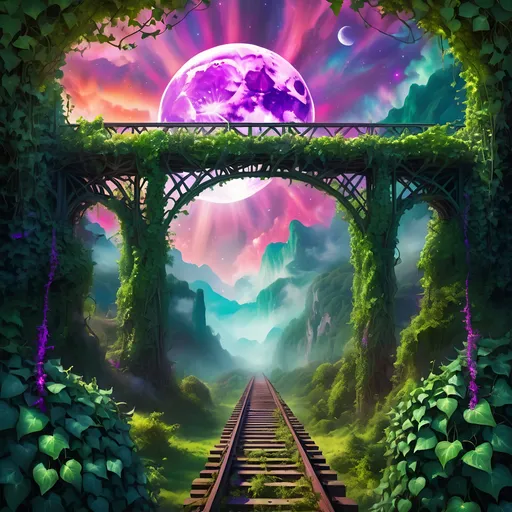 Prompt: Psychedelic moon trestle covered in ivy, surreal view through trestle, vibrant and otherworldly colors, detailed vegetation, highres, ultra-detailed, psychedelic, surreal, vivid colors, detailed vines, dreamlike, fantasy, atmospheric lighting