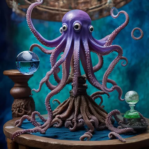 Prompt:  Octopus sitting on an octoganal platform, holding a crystal ball and appearing deep in conversation.  The Octopus' suckers are varying blue, green, and indigo.