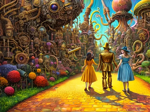 Prompt: Dorothy, Toto, and the Tin Man walking down a psychedelic yellow brick road, vibrant and surreal colors, Alex Jones style, intricate facial features, oil painting, whimsical atmosphere, high-quality, psychedelic, vibrant colors, surreal, Alex Jones style, detailed facial features, whimsical, oil painting
