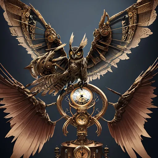 Prompt: a mechanical owl, intricate detail, in steampunk style, wings spread on a perch in a gothic cathedral