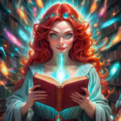 Prompt: Super powered red headed librarian lady with a book and a glowing aura, psychedelic detail, high quality, vibrant colors, surreal, magical, detailed eyes, ethereal lighting, fantasy, mystical, vibrant aura, powerful, professional, 4k, ultra-detailed, surreal, psychedelic, vibrant colors, mystical