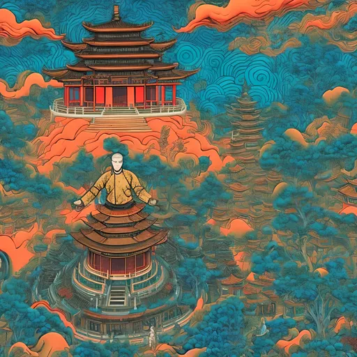 Prompt: A man doing Tai chi on top of a pagoda, psychedelic background with lots of hidden detail
