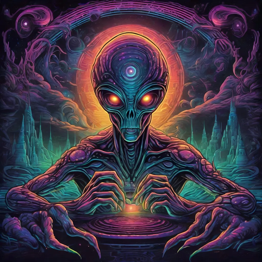 Prompt: Hypnotic illustration of an alien, hypnotic psychedelic art by Dan Mumford, pop surrealism, dark glow neon paint, mystical, Behance