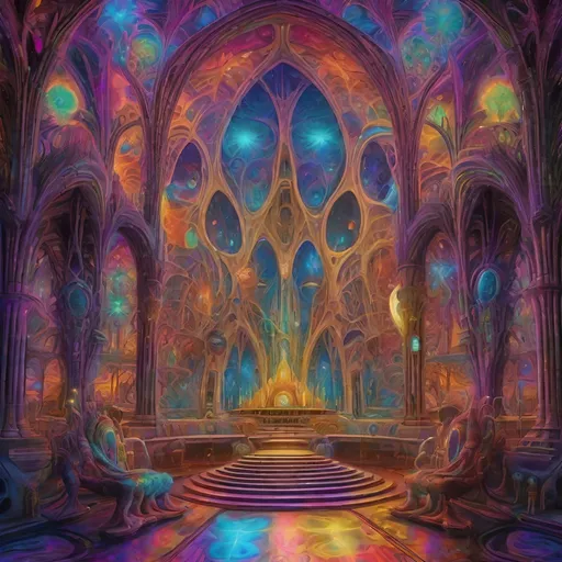 Prompt: Galactic high council of aliens in a cathedral chamber, psychedelic detail, high quality, surreal, vibrant colors, intricate alien features, grand architecture, raised platform, otherworldly atmosphere, majestic lighting, cosmic setting, detailed and ornate design, surreal, psychedelic, alien council, cathedral architecture, vibrant colors, surreal lighting, majestic atmosphere