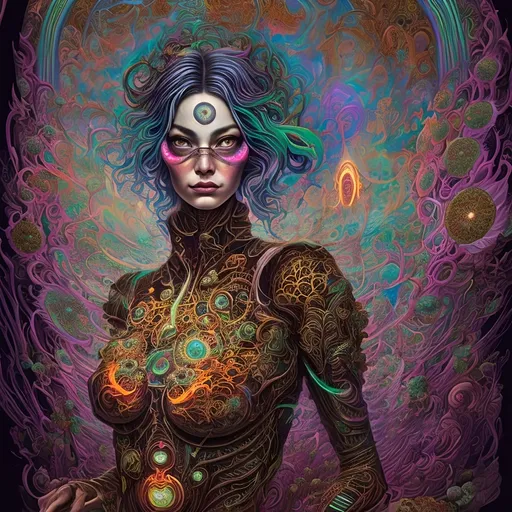 Prompt: Super powered librarian lady with glowing aura and psychedelic detail, vibrant colors, surreal artistic style, intricate glowing patterns, mystical atmosphere, intense and focused gaze, high quality, detailed, vibrant, surreal, glowing aura, psychedelic, intense gaze, mystical atmosphere, powerful librarian lady, intricate patterns