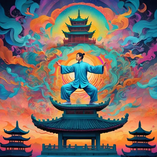 Prompt: Man practicing Tai chi on pagoda rooftop, vibrant psychedelic background, intricate hidden details, high quality, detailed linework, psychedelic art, peaceful atmosphere, colorful lighting