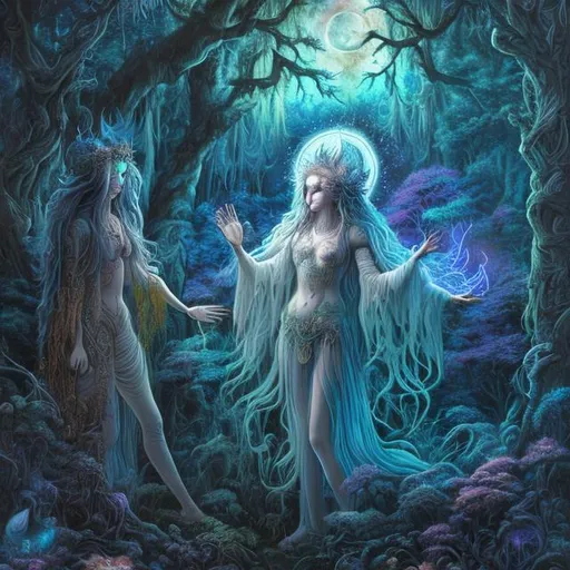 Prompt: Celestial moon goddess blessing a human in a forest clearing, psychedelic, vibrant colors, mystical atmosphere, highres, surreal, detailed celestial attire, glowing moonlight, enchanting aura, ethereal, magical, otherworldly, cosmic, detailed facial features, intricate forest scenery, dreamy, mystical lighting