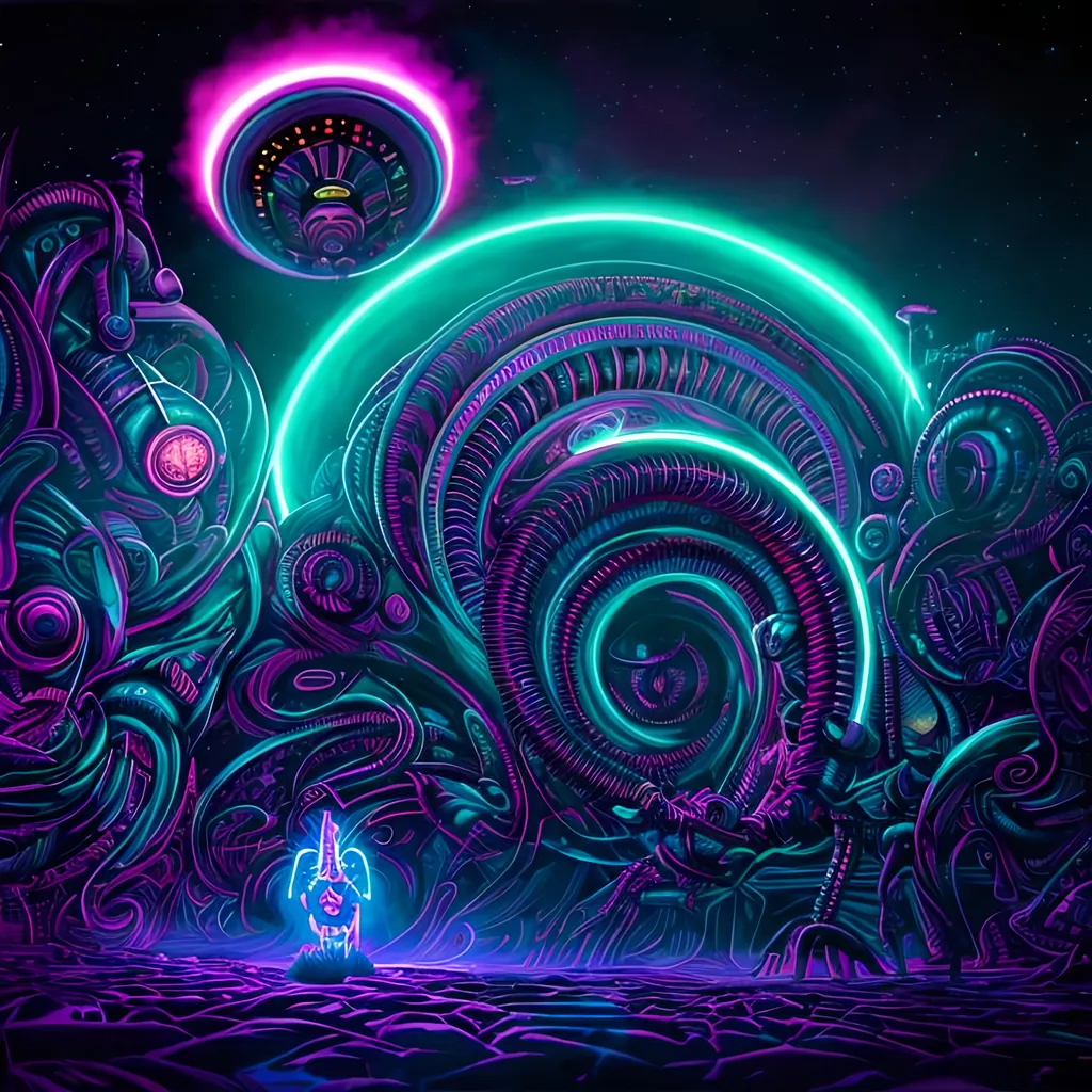 Prompt: Hypnotic alien illustration, psychedelic art, Dan Mumford style, pop surrealism, dark neon paint, mystical, Behance, highres, detailed, surreal, intense colors, glowing neon, intricate details, professional, atmospheric lighting