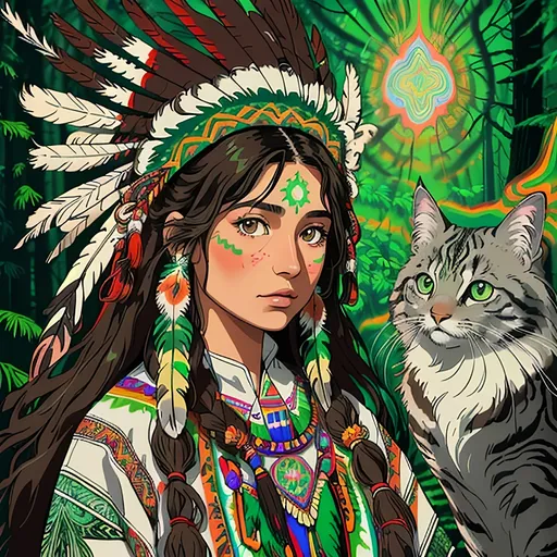 Prompt: Native American woman with feathered hair, brown eyes, psychedelic forest background, long-haired grey cat with green eyes, vibrant and surreal, highres, detailed illustration, psychedelic, nature, detailed feathered hair, mystical, forest, detailed features, green-eyed cat, surreal lighting