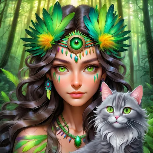 Prompt: Native American woman with feathered hair and brown eyes, psychedelic forest background, long-haired grey cat with green eyes, vibrant and surreal, highres, detailed illustration, psychedelic, nature, detailed feathered hair, mystical, forest, detailed features, green-eyed cat, surreal lighting