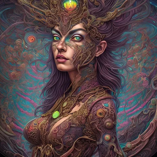 Prompt: Super powered librarian lady with glowing aura and psychedelic detail, vibrant colors, surreal artistic style, intricate glowing patterns, mystical atmosphere, intense and focused gaze, high quality, detailed, vibrant, surreal, glowing aura, psychedelic, intense gaze, mystical atmosphere, powerful librarian lady, intricate patterns