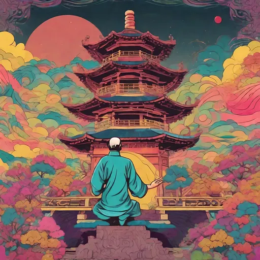Prompt: A man doing Tai chi on top of a pagoda, psychedelic background with lots of hidden detail