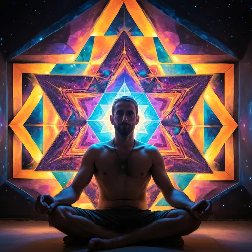 Prompt: man sitting inside a merkaba, glowing bright psychedelic colors