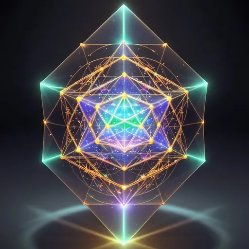 Prompt: Metatron's cube illuminated with inner light, sacred geometry, vibrant energy, spiritual symbolism, high quality, vivid, detailed 3D rendering, glowing patterns, cosmic, vibrant colors, ethereal lighting