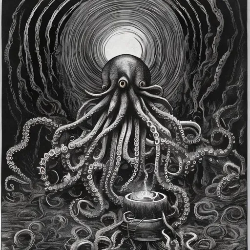 Prompt: A psychedelic octopus is in a small dark ages hut stirring a giant steaming black cauldron