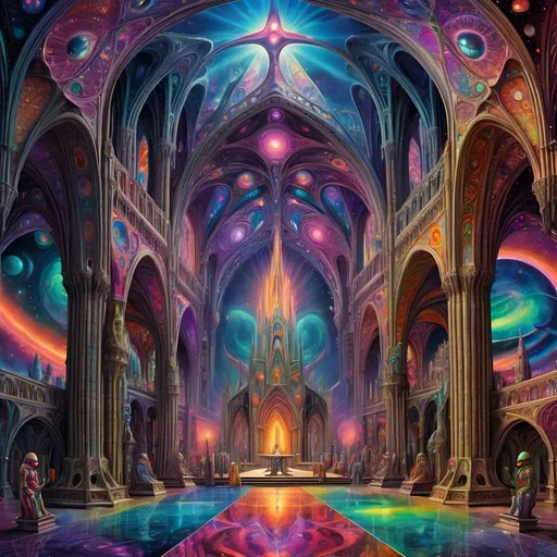 Prompt: Galactic high council of aliens in a cathedral chamber, psychedelic detail, high quality, surreal, vibrant colors, intricate alien features, grand architecture, raised platform, otherworldly atmosphere, majestic lighting, cosmic setting, detailed and ornate design, surreal, psychedelic, alien council, cathedral architecture, vibrant colors, surreal lighting, majestic atmosphere