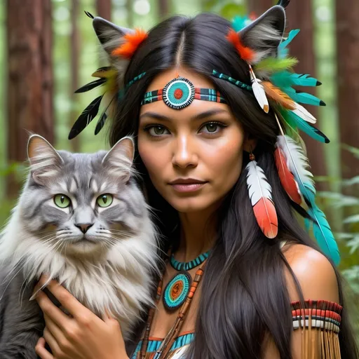 Prompt: native American woman with feathered in hair, psychedelic forest background, with a long haired Grey cat with green eyes at her feet