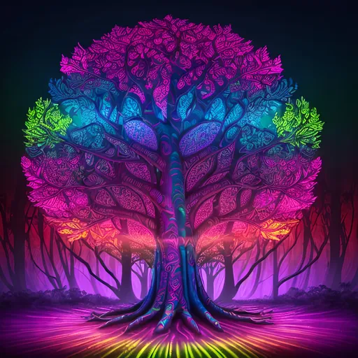 Prompt: Embossed text 'A+D' on tree, vibrant colors, surreal psychedelic, 3D rendering, intricate psychedelic patterns, high-res, vibrant, surreal, tree trunk texture, glowing neon colors, detailed, trippy, surreal lighting