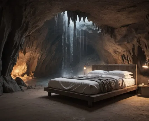 Prompt: A bed in a cave with stalactites sn waterfalls. realistic.