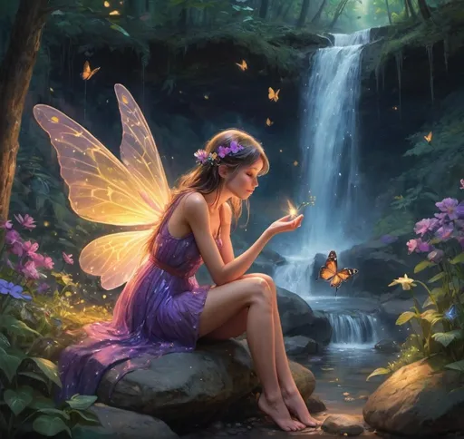 Prompt: A human fairy is sending a kiss with her hand from which many fireflies come out. She is in a forest, at the foot of a waterfall. The human fairy is sitting on a rock and a little rabbit is at her feet. the fairy has a purple glittered dress and pink wings. around them there are colorful flowers red, blue ang yellow and some butterflies.