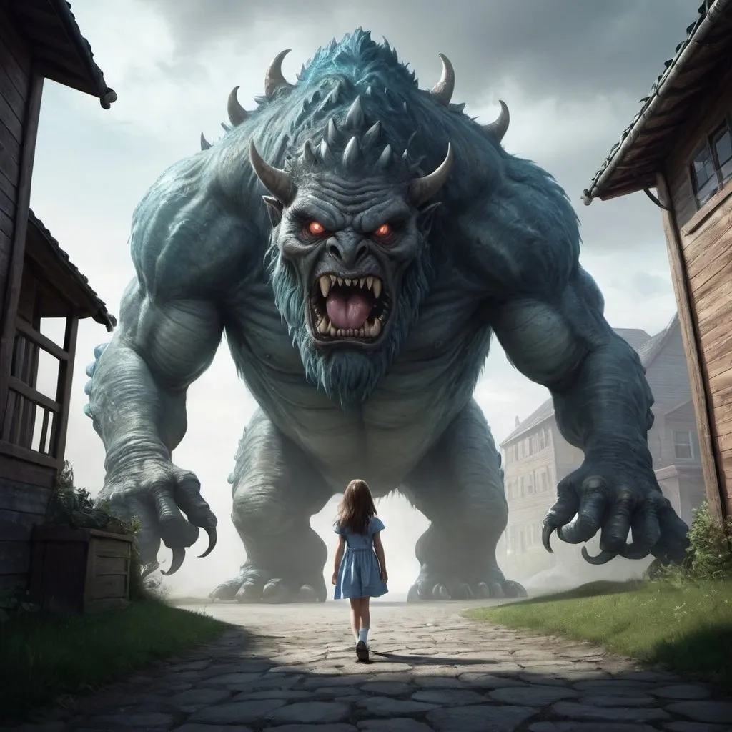 Prompt: A girl walks thowards a big monster.