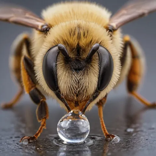 Prompt: Macro picture of a bee drinking drop of water