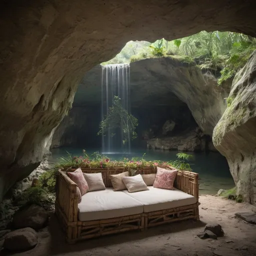 Prompt: a sofa made of bamboo canes, leaves and flowers, inside a cave. the cave has clear stalactites and is bright and on the ceiling there is a large glass skylight that allows a glimpse of the sky. on one side, against the rocky wall, a waterfall descends which ends in a small lake next to the bed. Around the pond there are white stones and colorful flowers. Very realistic.