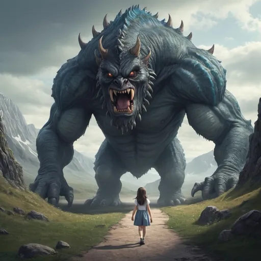 Prompt: A girl walks thowards a big monster.