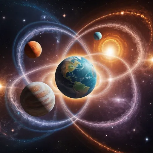 Prompt: The infinite universe with planets snd energy connected between them