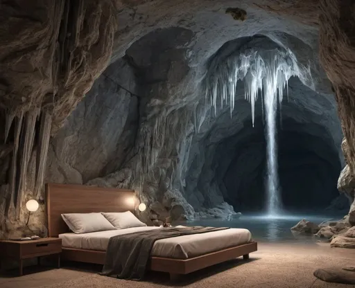 Prompt: A bed in a cave with stalactites sn waterfalls. realistic.