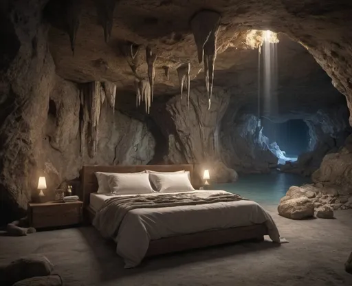 Prompt: A bed in a cave with stalactites sn waterfalls. realistic.