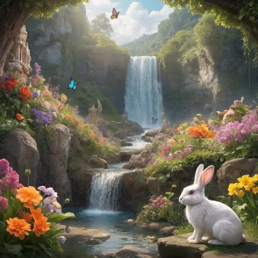 Prompt: Fantasy style. A rabbit give some flowers to a fair in a garden near a waterfall. Full of colours  butterfly. Relacing scene.