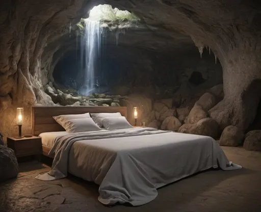 Prompt: A bed in a cave with stalactites sn waterfalls. realistic.