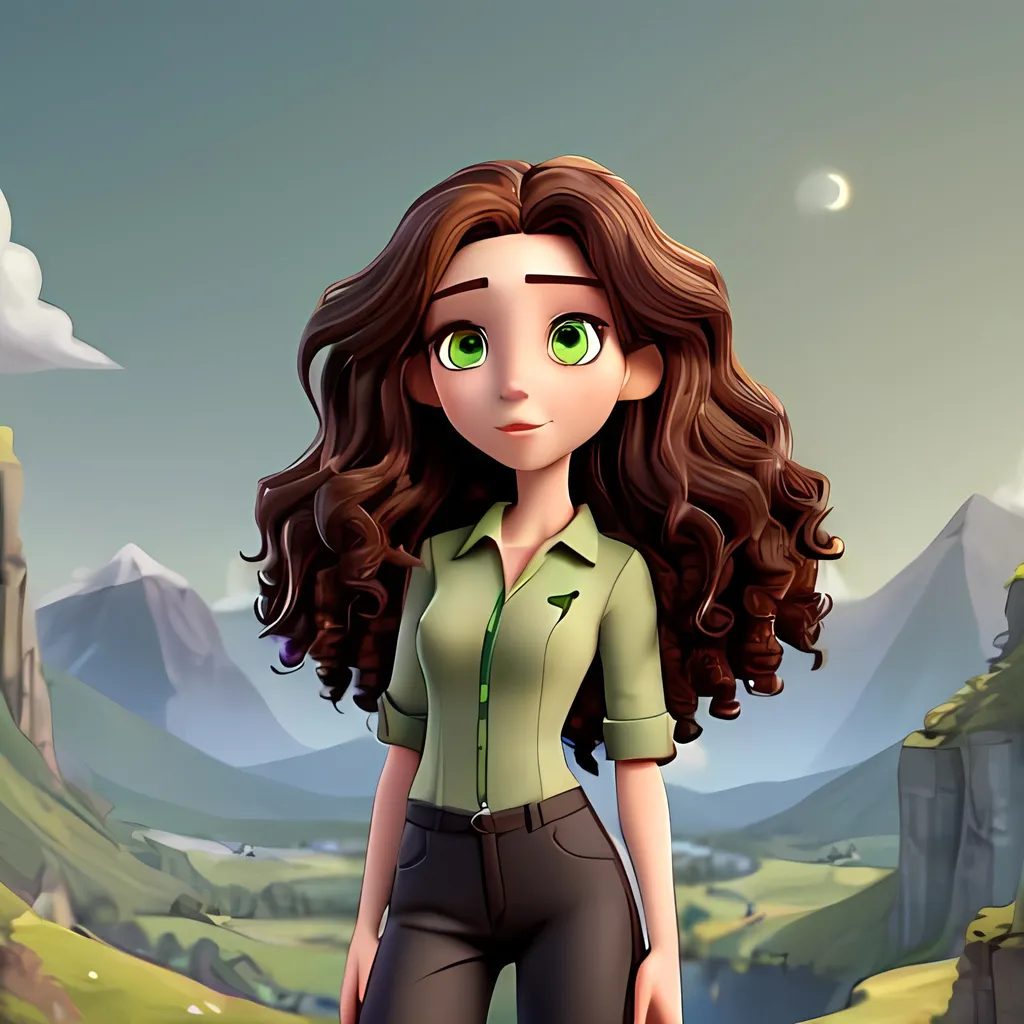 Prompt: woman long very curly dark brown hair, dark green eyes, brunete skin on a montain landscape, with white topo and black trousers. Thin face
