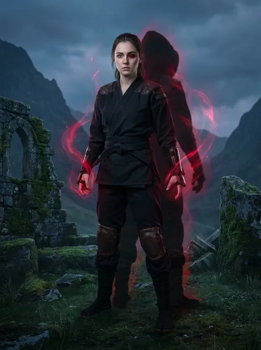 Prompt: full body shot front view of Photorealistic art style *Emily use to be human before the curse*
Emily the demon eyed Young woman (26)
Fights with yongmudo martial arts. Also has ability to turn half demon but can control her mind. Emily's chi is the most rarest in the cosmos. Crimson void chi. With it she can call around the crimson shadow power. That summons crimson void shadows to fight with her.
Confession of Emily is she is in love with Michael wolfe the spirit hunter. Due to the fact he is the only one who can to help her.
Or just the fact Michael cared so much in the first place amazed her.Confession of Emily is she is in love with Michael wolfe the spirit hunter. Due to the fact he is the only one who can to help her.
Or just the fact Michael cared so much in the first place amazed her. Michael also has feels for Emily.  Michael tells Emily not to worry she is with him now. face to viewer, background is a suitable beautiful scene