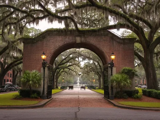 Prompt: (all the iconic images of historic Savannah Georgia on one street scene), photorealistic, vibrant colors, warm tones, cinematic lighting, cobblestone streets, Spanish Moss-draped oak trees, historic mansions, Forsyth Park fountain, old-fashioned street lamps, blooming azaleas, horse-drawn carriages, wrought iron balconies, cheerful and nostalgic atmosphere, ultra-detailed, 4K, no motor vehicles