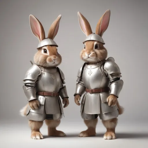 Prompt: Twin rabbits They were brown-furred, standing on two legs, wearing silver armor and a round helmet covering their heads. white background image