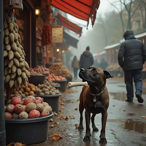 Prompt: The dog is stealing a bone from the fishmonger.