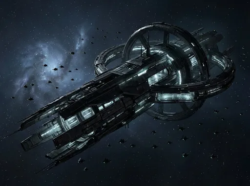 Prompt: colossal deep space megastructure, massive industrial cargo vessel drifting through space, elongated asymmetrical form resembling a mechanical nest, layered black and dark steel hull plating, cold white and pale cyan light glowing from internal seams and vents, rotating structural rings and segmented arms, enormous scale emphasized by tiny autonomous drones orbiting around it, sleek black onyx drones with sharp angular silhouettes and small glowing green sensor lights, the drones form defensive patrol patterns, starfield background, distant nebula light, cinematic sci-fi illustration, dark atmosphere, corporate dystopian aesthetic, no characters, no humanoids