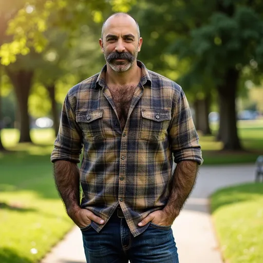 Prompt:  @5S41L8koin45Wem94pqg An average man who is bald on his crown and only has hair on the sides of his head, showcasing an abundance of hair covering his arms, hands and legs, stands confidently in a sunlit park. He is wearing a casual, slightly wrinkled button-up plaid shirt exposing some chest hair through the open collar. Wearing comfortable jeans, with his hands resting casually in his pockets. The sunlight filters through the trees, casting dappled shadows on the ground, creating a warm and inviting atmosphere. The composition captures him from a mid-range angle, emphasizing his relaxed posture and the contrast between his bald head and the thick hair on his limbs.
