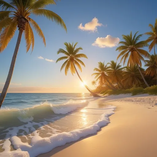 Prompt: (mainly a serene beach scene), (vibrant blue ocean), soft white sand, (golden sunset), tranquil atmosphere, gentle waves lapping against the shore, palm trees swaying in a light breeze, evoking peace and relaxation, (highly detailed, ultra HD), capturing the essence of a beautiful day by the sea.