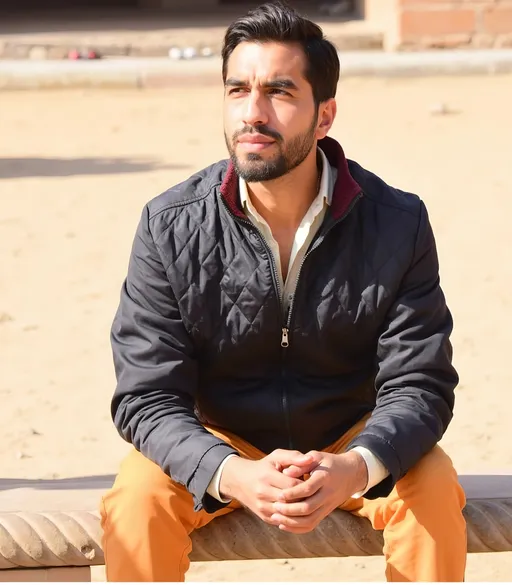 Prompt: Bathed in warm sunlight, a young man sits casually on a stone bench, exuding a relaxed yet contemplative aura. He sports a dark, quilted jacket with a maroon collar over a light button-up shirt, while his bright orange pants create an eye-catching contrast. His beard frames a serious expression as he gazes thoughtfully into the distance, suggesting an introspective moment. The sandy ground around him hints at an outdoor setting, possibly in a park or historical site, where the atmosphere feels both serene and contemplative, inviting the viewer into his moment of reflection. The overall composition captures a harmonious blend of colors and serene beauty, enhanced by the soft, natural lighting.