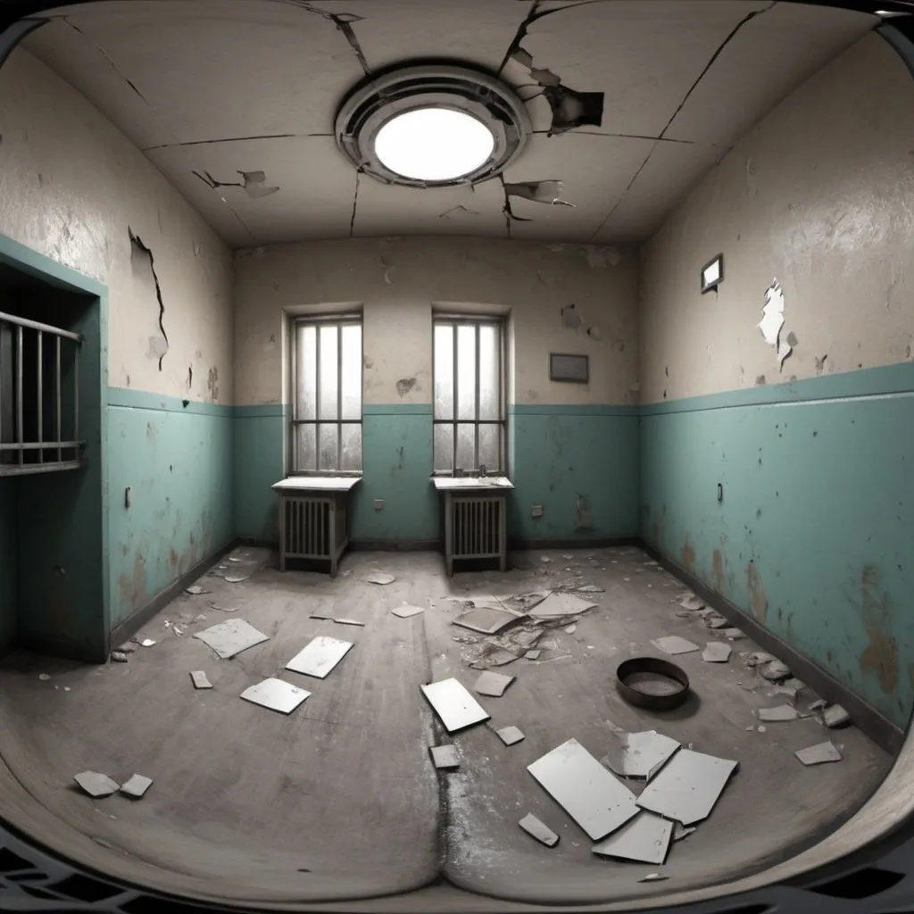 Prompt: a 360VR, photo realistic , hight detailed room of a broken down prison
