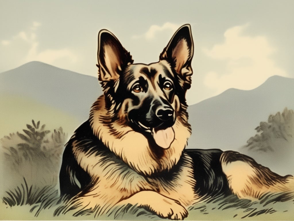 Prompt: Vintage clipart of picture provided of German shepard