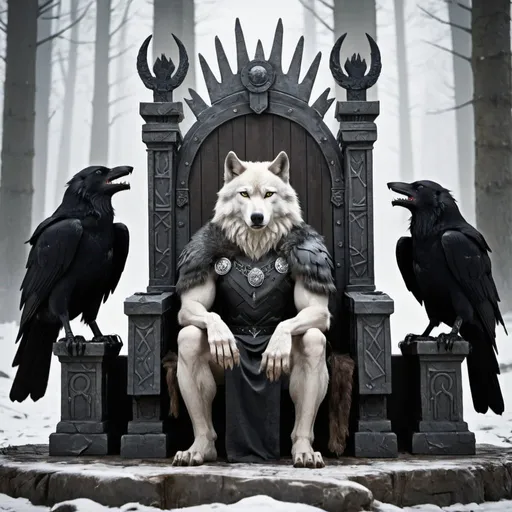 Prompt: A wolf is sitting beside odins throne. two crows are sitting on top of the throne