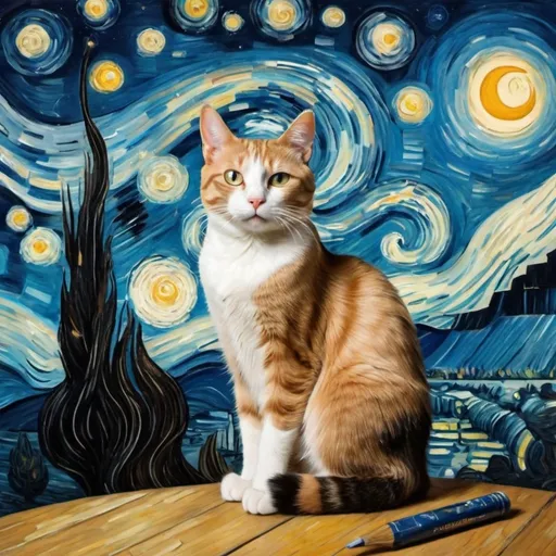 Prompt: a cat sitting in van gough painting a starry night