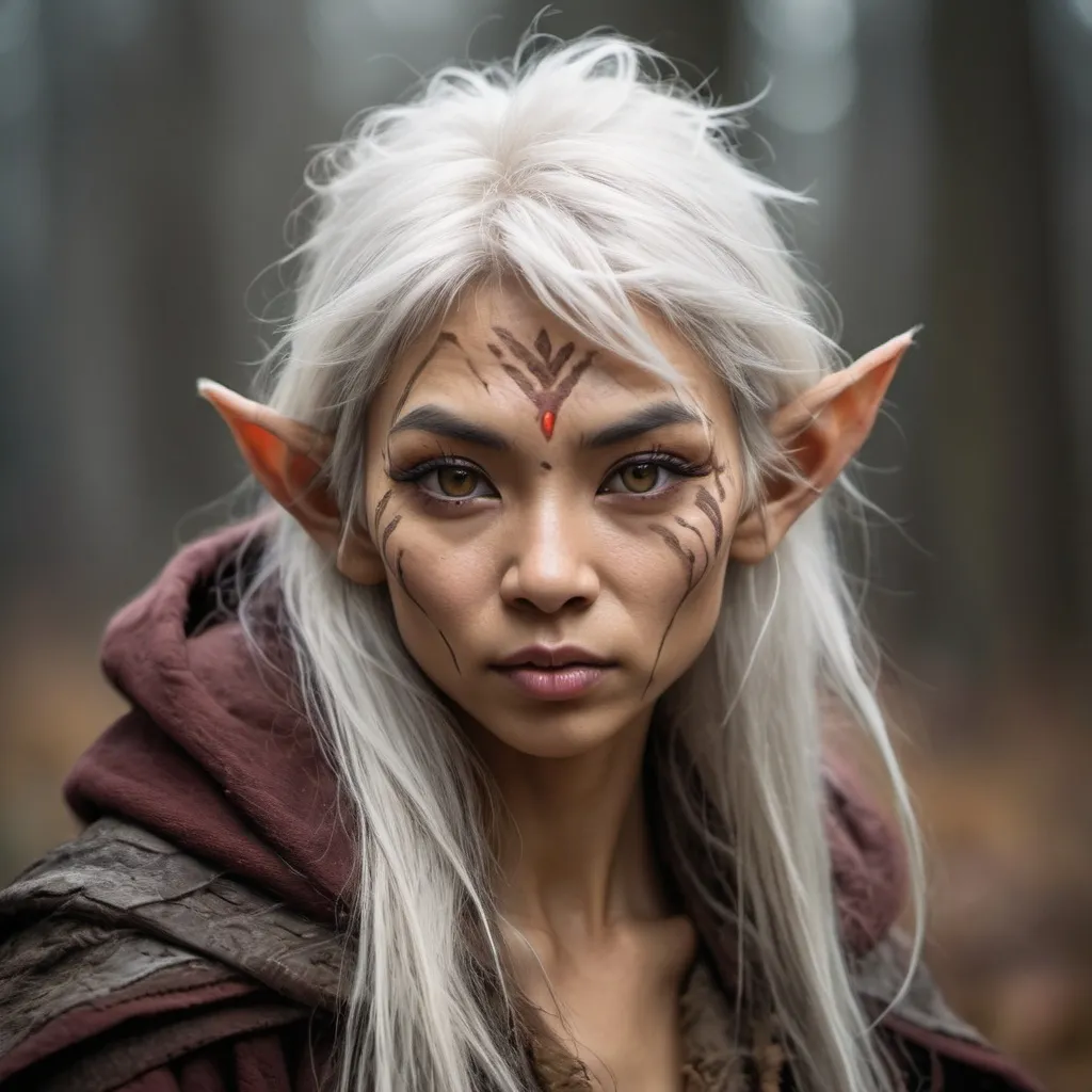 Prompt: A portrait of a rugged dirty fair-skinned goblin rogue shaman hunter of the far north. Goblin features. Asian eyes. Full lips. Tousled white hair. Athletic physique. Long pointy elf ears. She is wearing a weathered dark autumn cloak over medieval armour. Action pose.