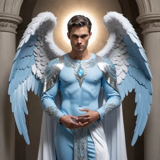 Prompt: Male angel with baby blue wings with silver trim wearing a silver and blue attire