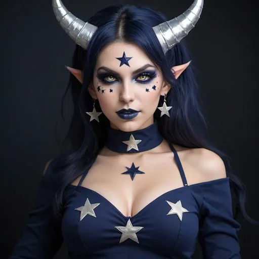 Prompt: demoness wearing navy blue with stars on it. very alluring and persuasive